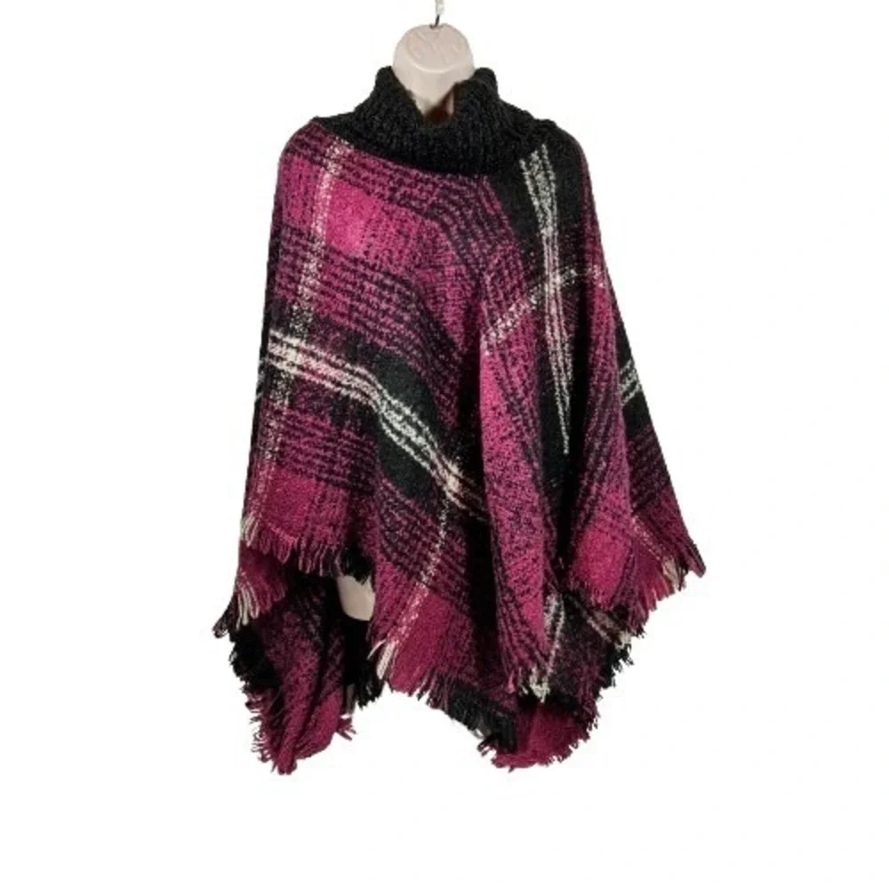 Max Edition Women's Poncho L/XL Burgundy Plaid Cowl Neck Fringe Cozy Wrap casual